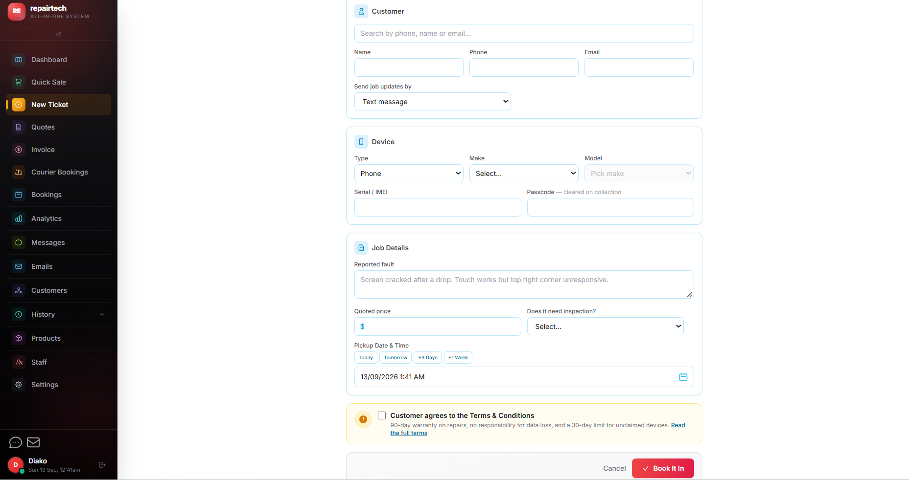 Booking a repair in CoreHub POS