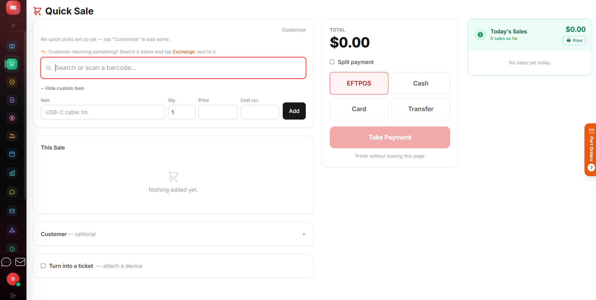 Quick sale at the counter in CoreHub POS
