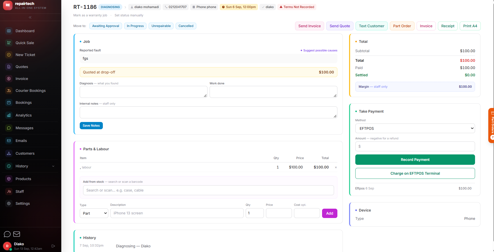 Repair ticket detail in CoreHub POS